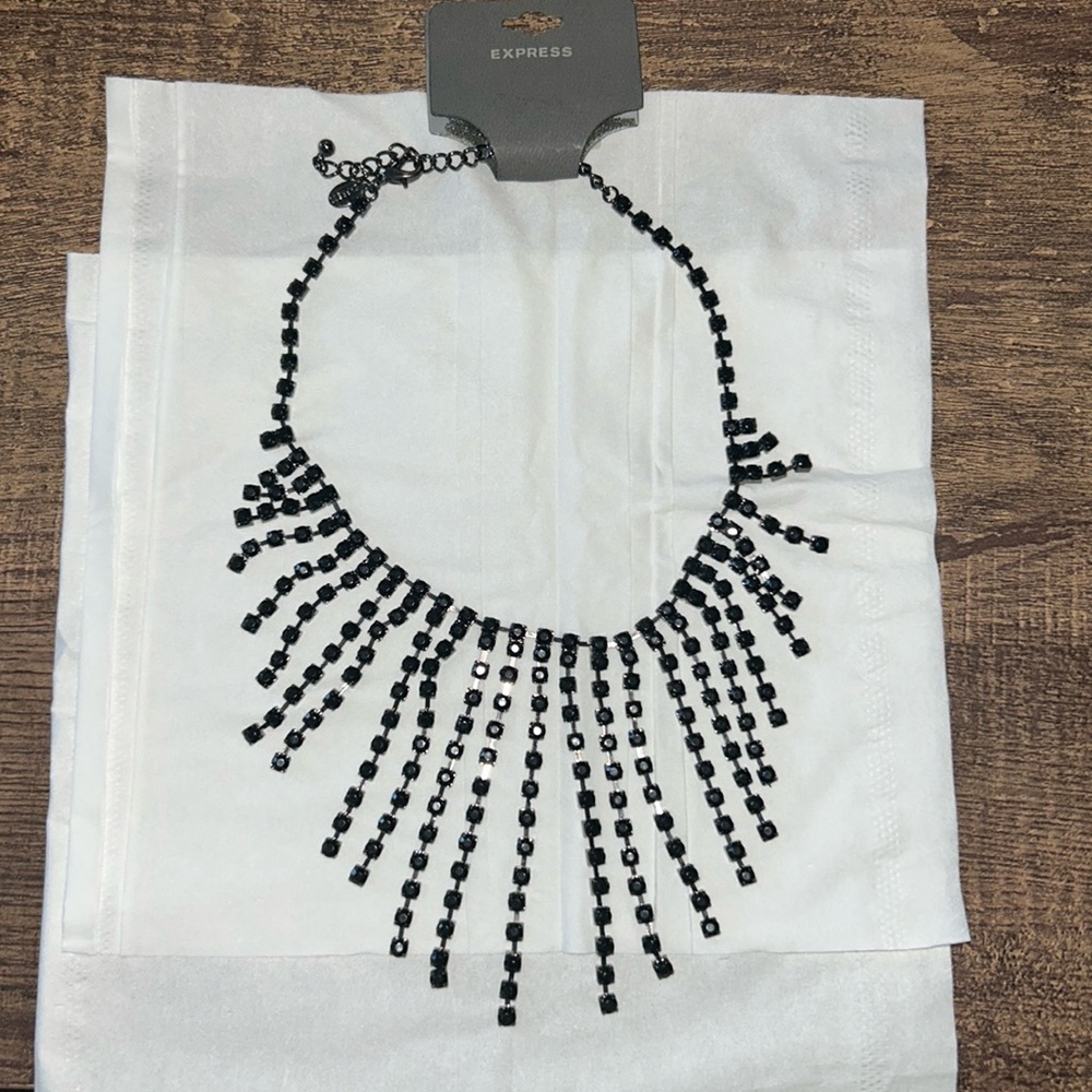 Black rhinestone tassel or fringe necklace. Costume jewelry. Never worn w/tag